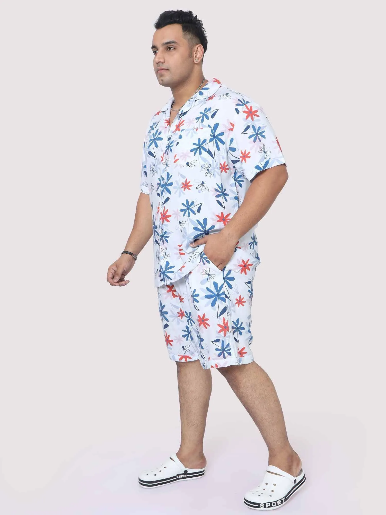 Men Plus Size Star Flowers Printed Half Sleeve Co-Ords