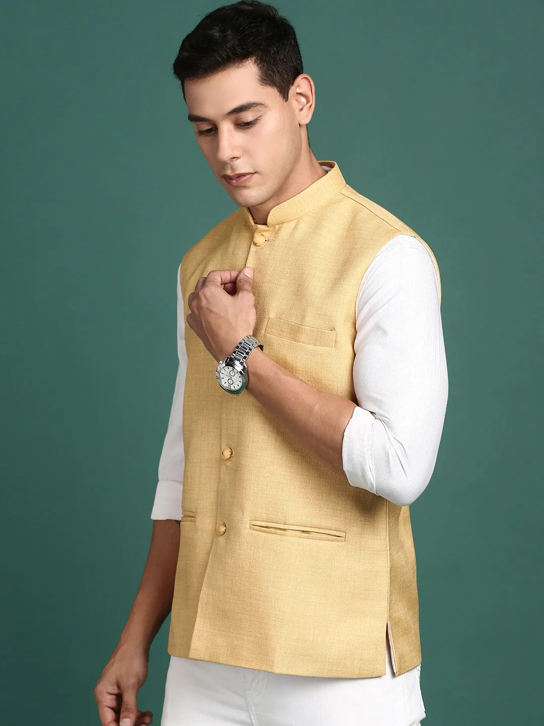 Men Solid Beige Slim Fit Nehru Jacket