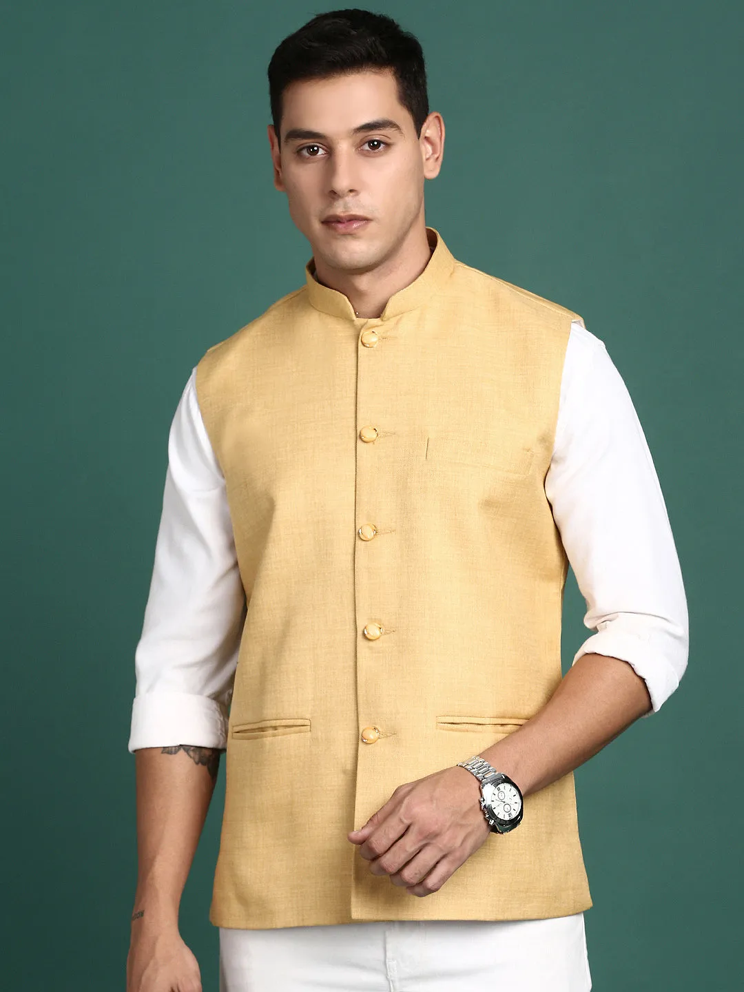 Men Solid Beige Slim Fit Nehru Jacket