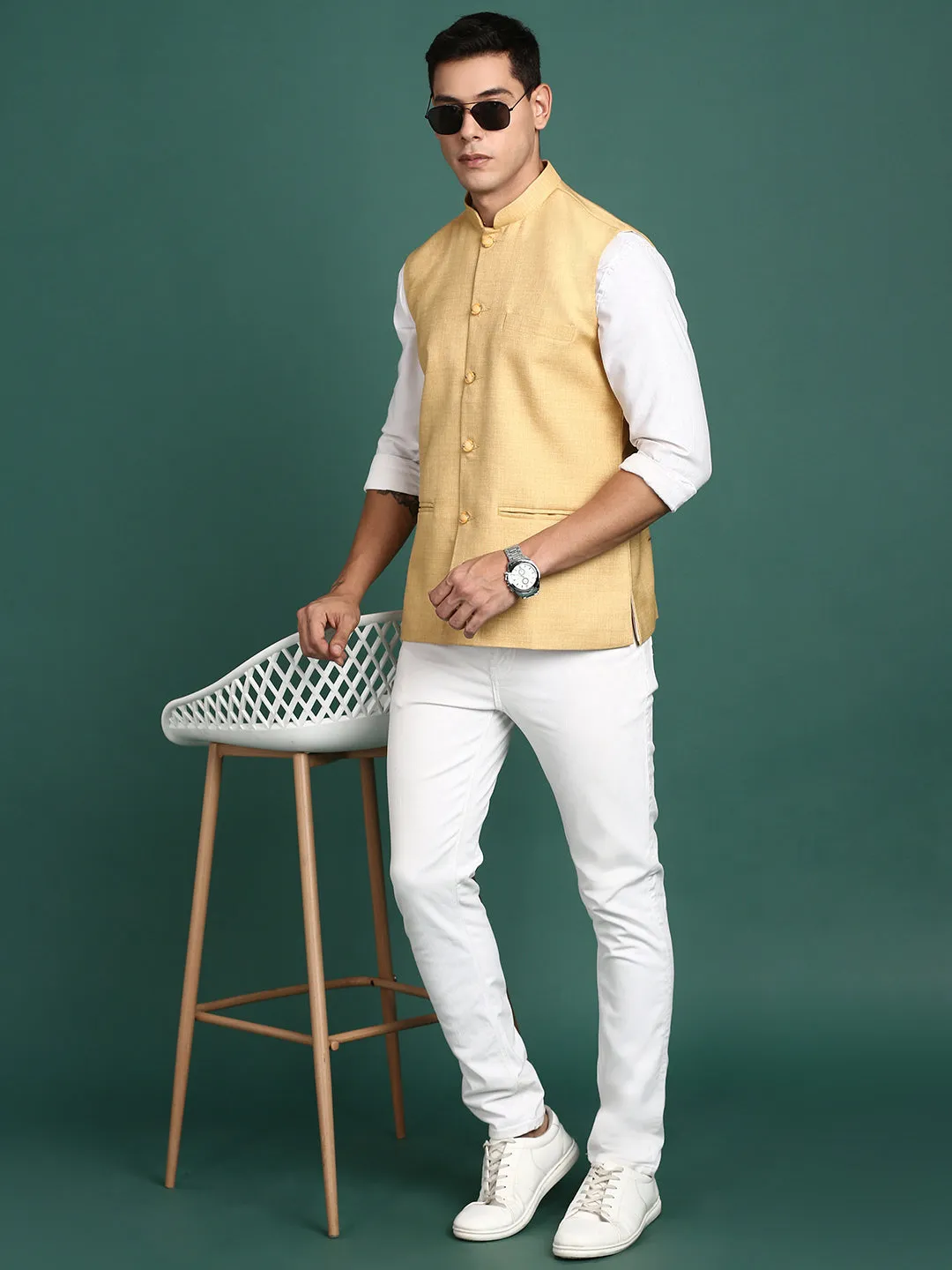 Men Solid Beige Slim Fit Nehru Jacket