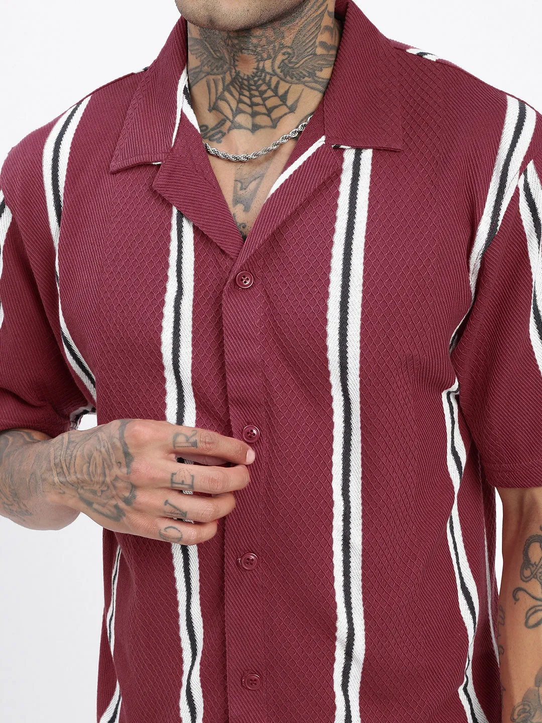 Men Striped Maroon Relaxed Fit Shirt