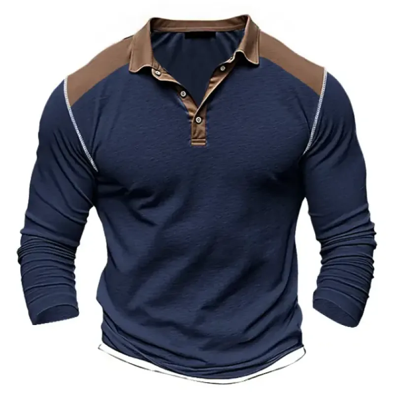 Men's Casual Colorblock Button Lapel Long-Sleeved Polo Shirt 36623429Y