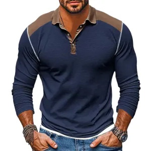 Men's Casual Colorblock Button Lapel Long-Sleeved Polo Shirt 36623429Y