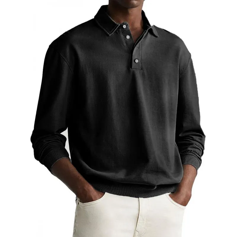 Men's Casual Cotton Blended Lapel Loose Long Sleeve Polo Shirt 58473426M