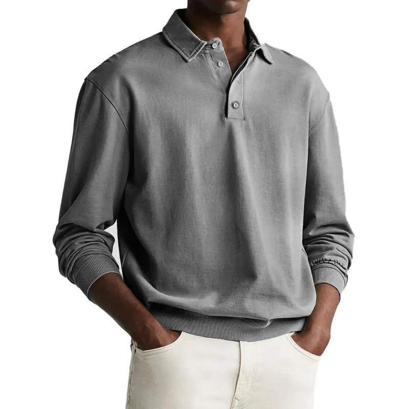 Men's Casual Cotton Blended Lapel Loose Long Sleeve Polo Shirt 58473426M