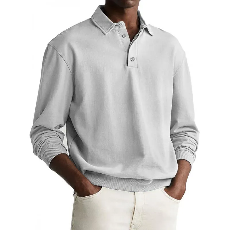 Men's Casual Cotton Blended Lapel Loose Long Sleeve Polo Shirt 58473426M