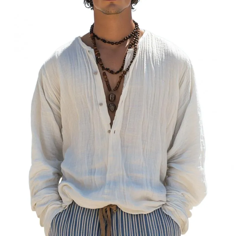 Men's Casual Cotton Linen Button Pullover Loose Long Sleeve Shirt 36669105M