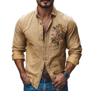 Men's Casual Cotton Linen Embroidered Lapel Slim Fit Long Sleeve Shirt 04935656M