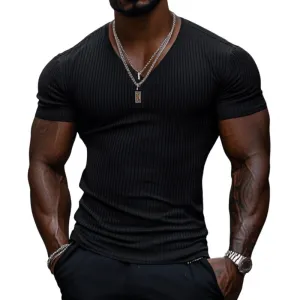 Men's Casual Ribbed Cotton Blend V-neck Slim Fit Short-sleeved T-shirt 97890330M