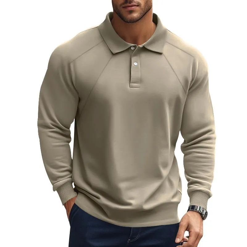 Men's Casual Solid Color Lapel Raglan Long Sleeve Polo Shirt 47889552M