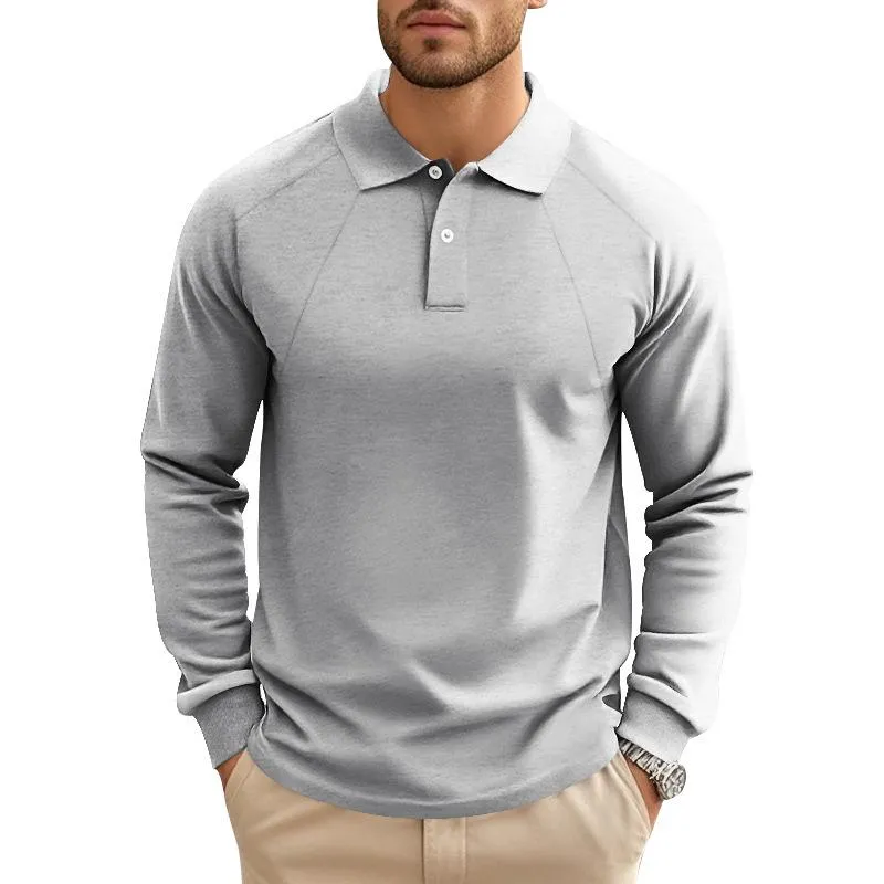 Men's Casual Solid Color Lapel Raglan Long Sleeve Polo Shirt 47889552M