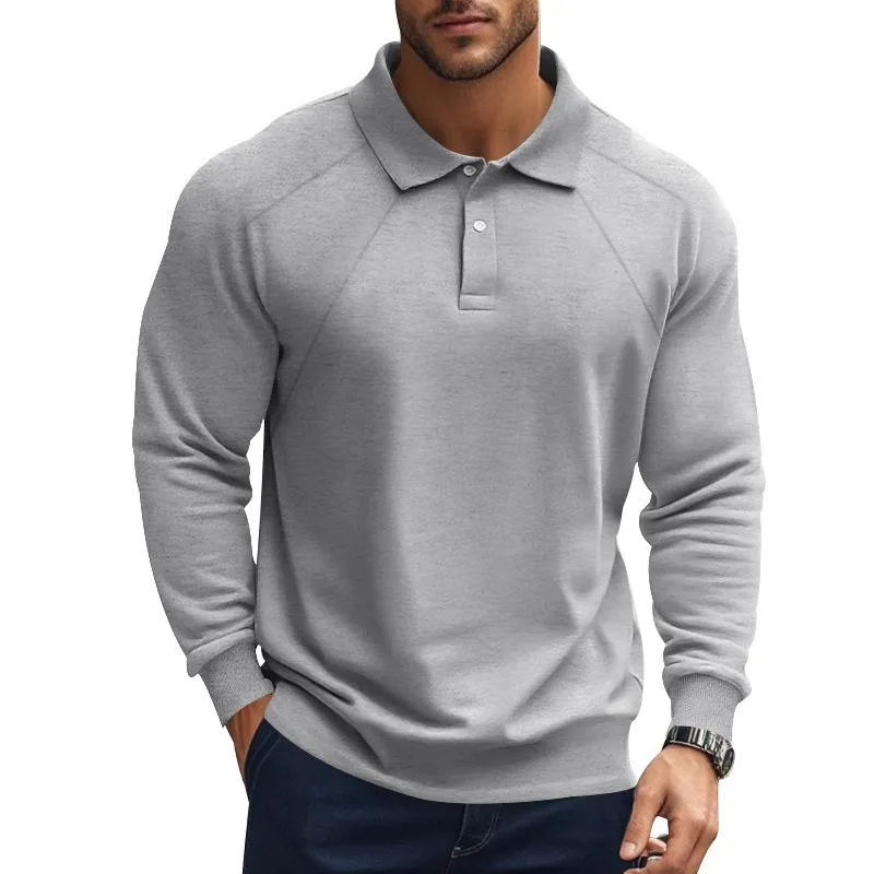 Men's Casual Solid Color Lapel Raglan Long Sleeve Polo Shirt 47889552M