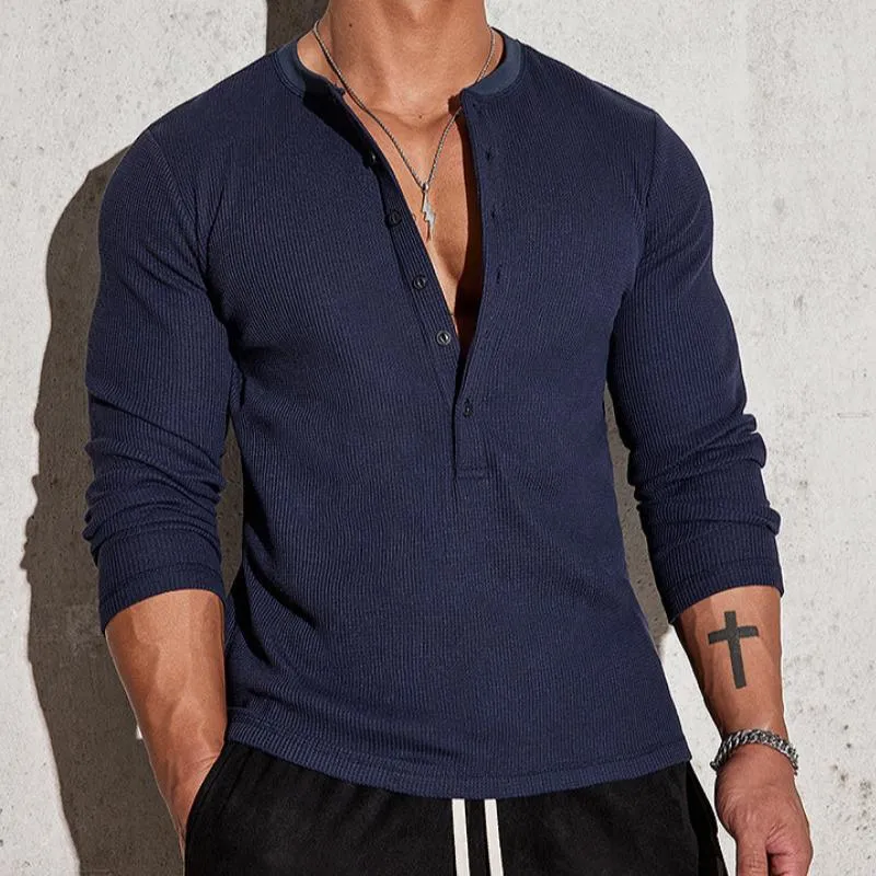 Men's Casual Stripe Henley Collar Slim Fit Long Sleeve T-Shirt 33891968M