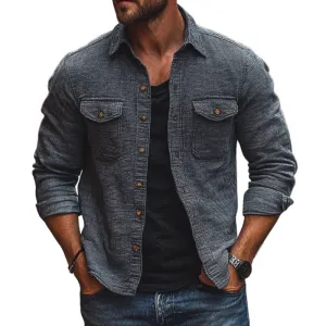 Men's Casual Textured Fabric Lapel Chest Pocket Long Sleeve Shirt 35273528M