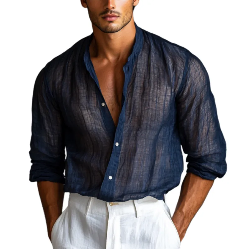 Men's Fashion Chiffon Round Neck Single Breasted Long Sleeve Shirt 20238403Y