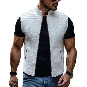 Men's Fashion Crocodile Grain Leather Stand Collar Zipper Slim Fit Vest 00540143M