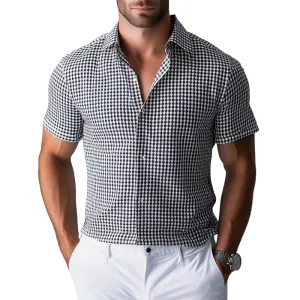 Men's Fashion Houndstooth Lapel Short Sleeve Shirt 54448199Y