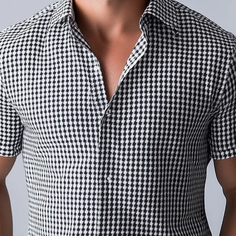 Men's Fashion Houndstooth Lapel Short Sleeve Shirt 54448199Y