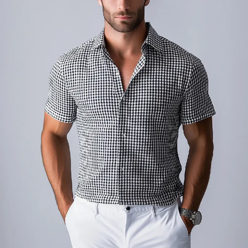 Men's Fashion Houndstooth Lapel Short Sleeve Shirt 54448199Y