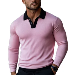 Men's Fashion Ottoman Rib Slim Fit Colorblock Long Sleeve Polo Shirt 21425241Y