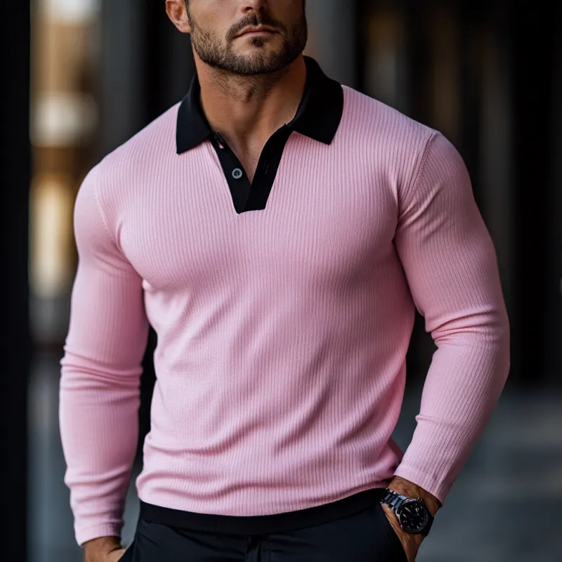 Men's Fashion Ottoman Rib Slim Fit Colorblock Long Sleeve Polo Shirt 21425241Y