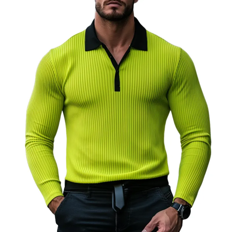 Men's Fashion Ottoman Rib Slim Fit Colorblock Long Sleeve Polo Shirt 33551913Y