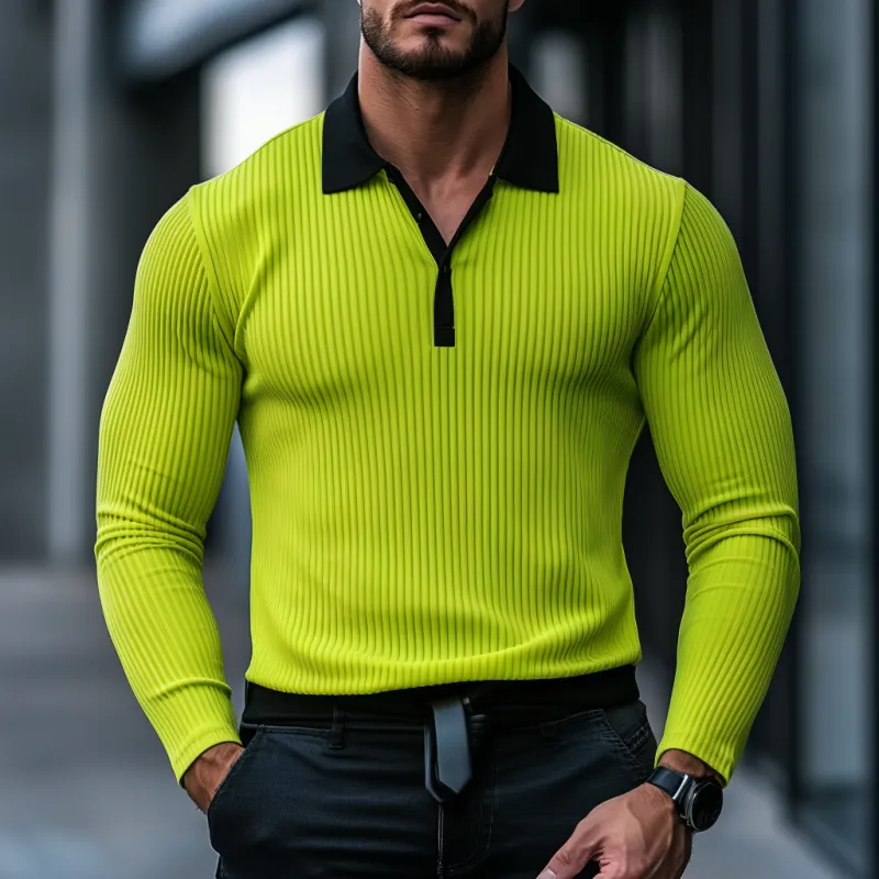 Men's Fashion Ottoman Rib Slim Fit Colorblock Long Sleeve Polo Shirt 33551913Y