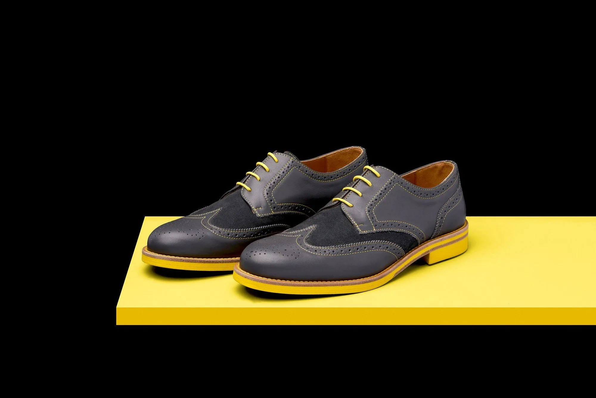 Mens Grey & Yellow Leather Wingtip Dress Shoes