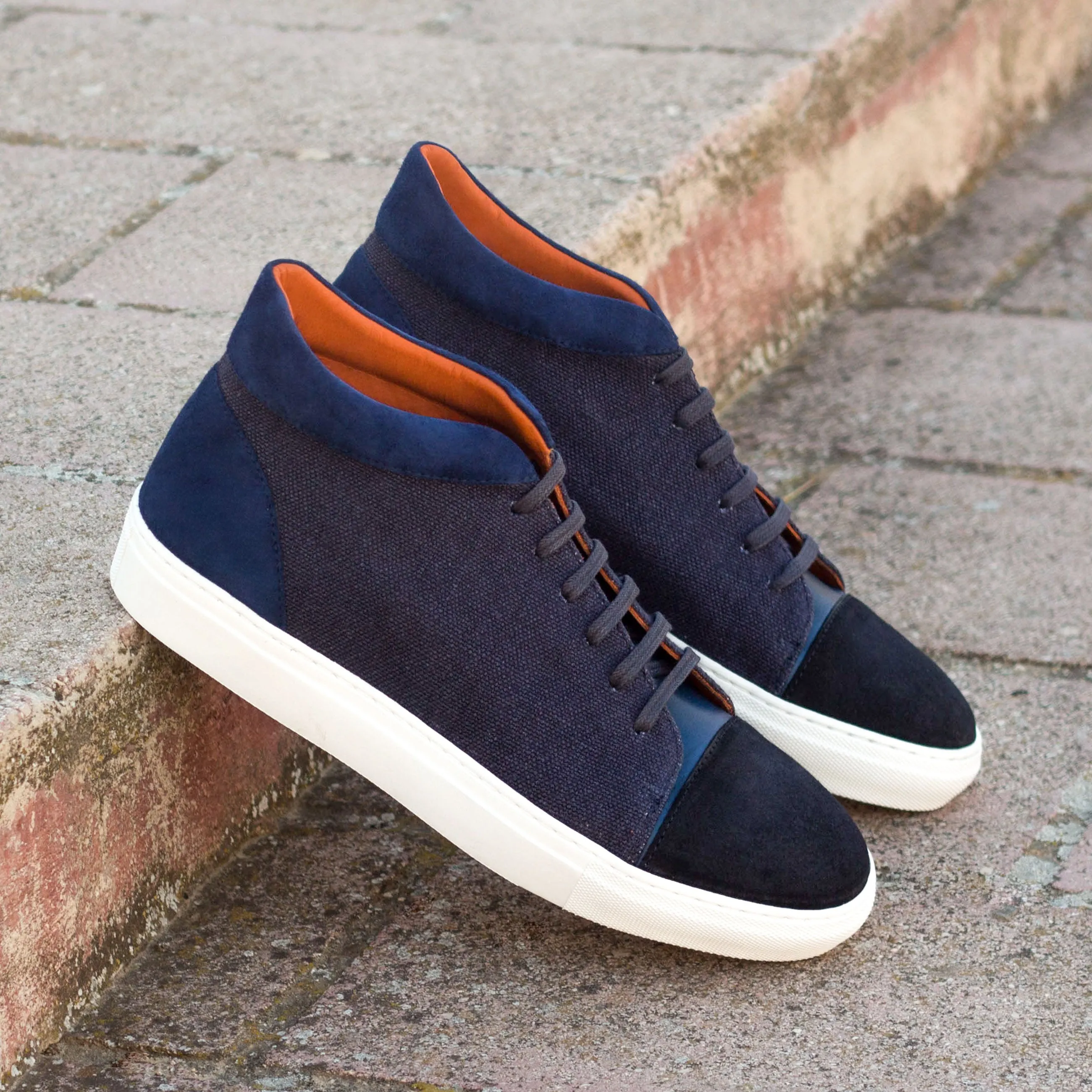 Navy Linen, Suede & Leather High-Top Sneakers