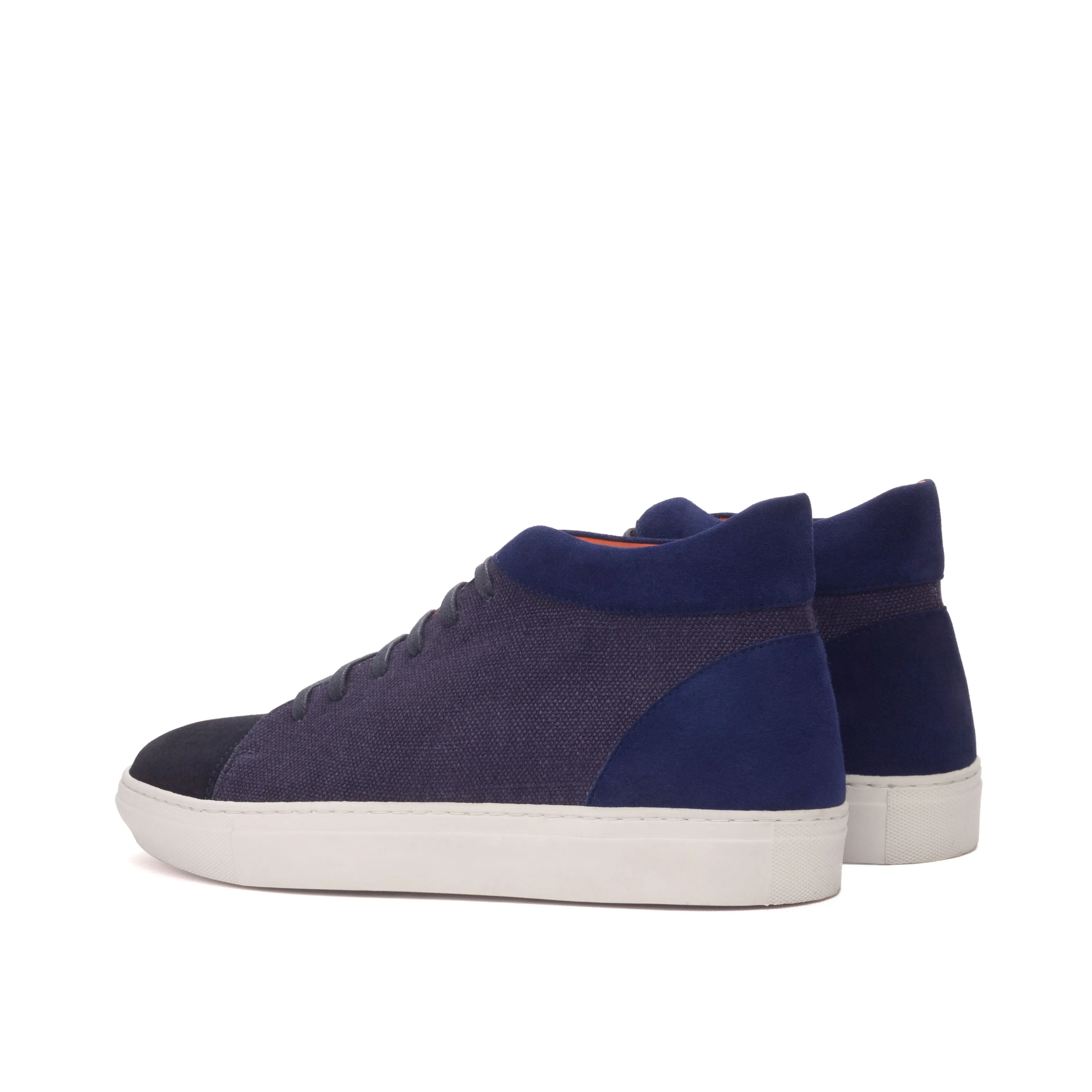 Navy Linen, Suede & Leather High-Top Sneakers