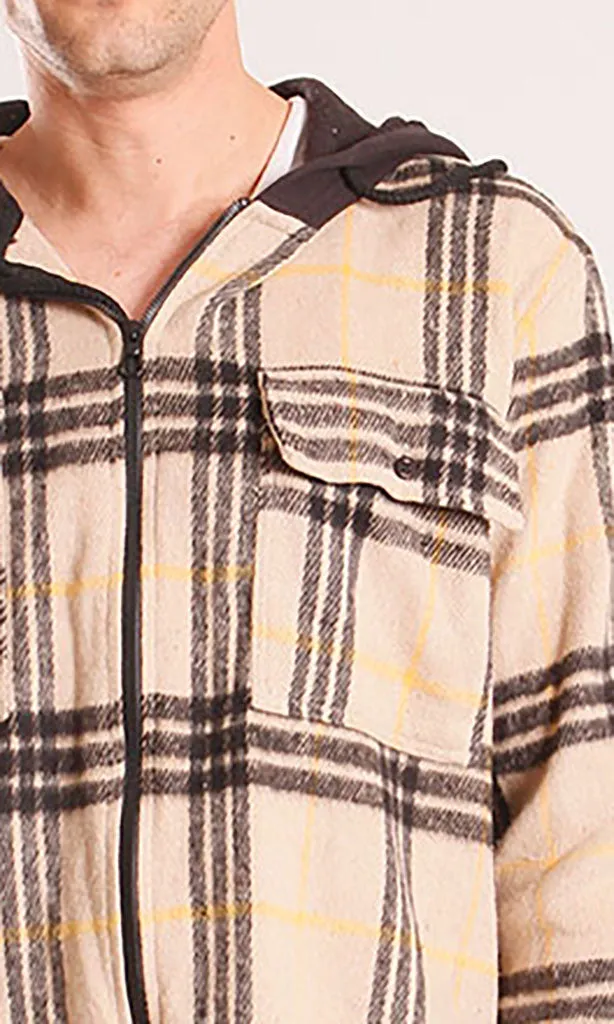 o202225-HOODED PLAID SHIRT - BEIGE & BLACK