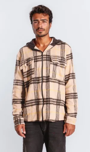 o202225-HOODED PLAID SHIRT - BEIGE & BLACK