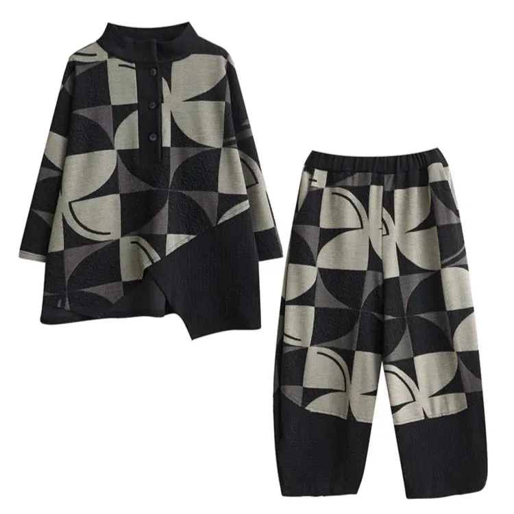 Oversized Geometric Print Two-Piece Set – Relaxed Fit Knit Lounge Wear