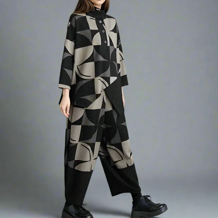 Oversized Geometric Print Two-Piece Set – Relaxed Fit Knit Lounge Wear