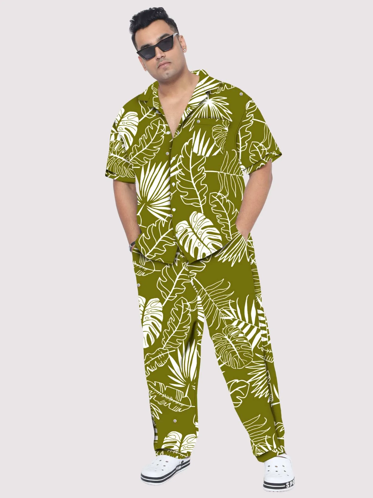 Palm Leaves Olive Plus Size Men's Co-ord Set