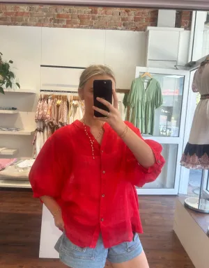 River Button Down Collarless Sheer Linen Shirt in Red