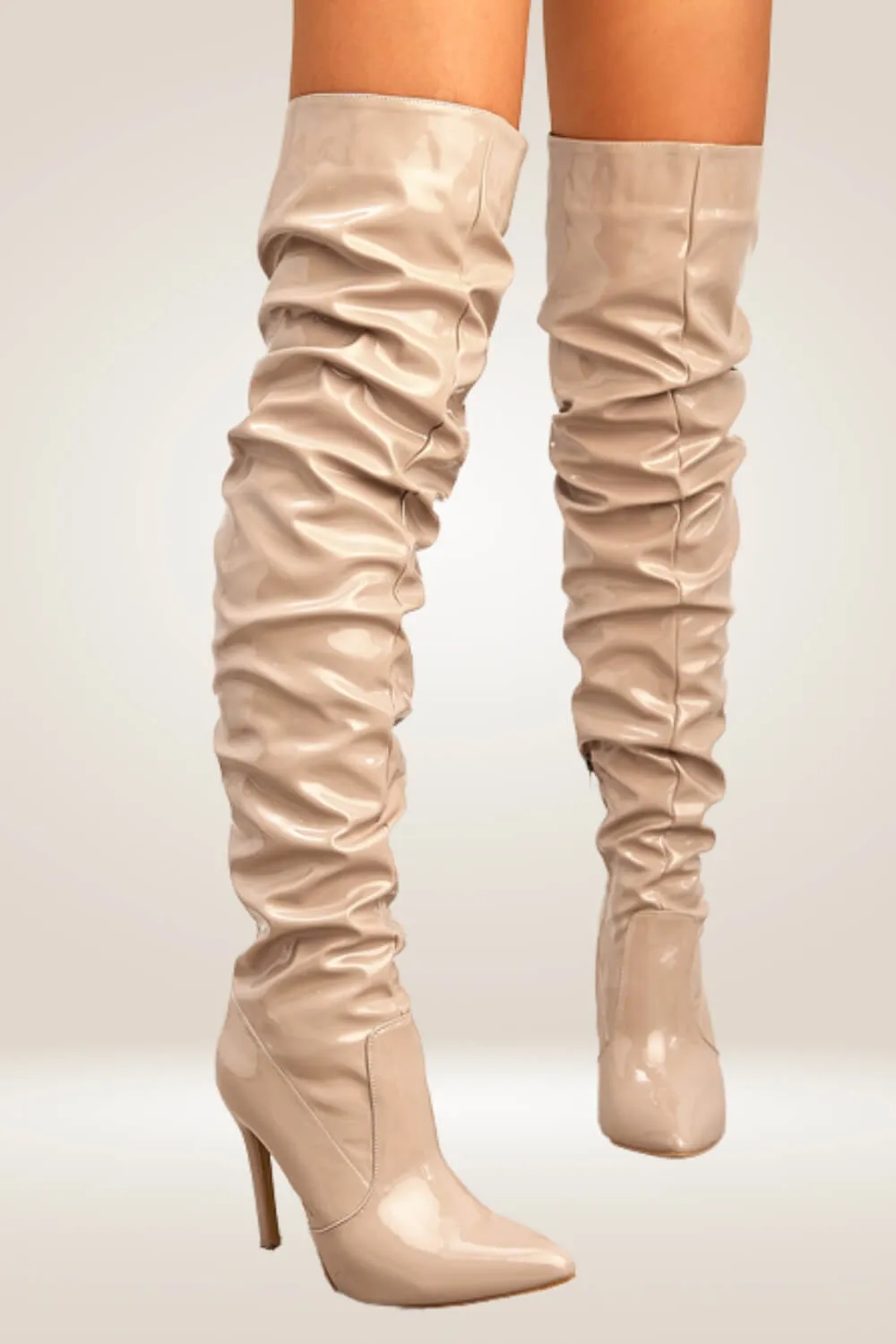 Shiny Tan Over The Knee Boots