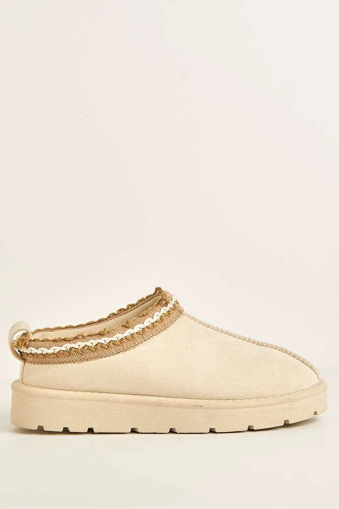 Sigrid Embroidered Faux Fur Lining Slippers in Cream