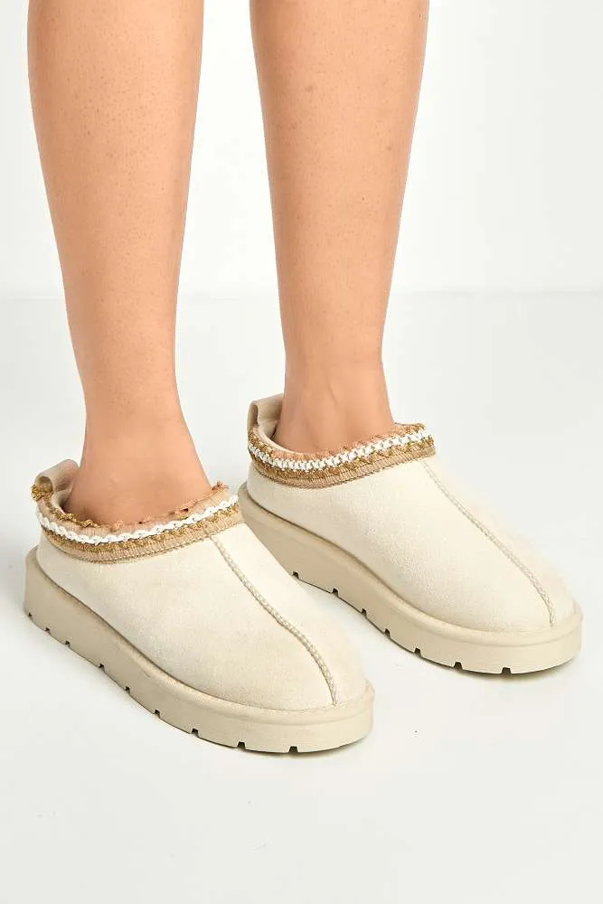 Sigrid Embroidered Faux Fur Lining Slippers in Cream