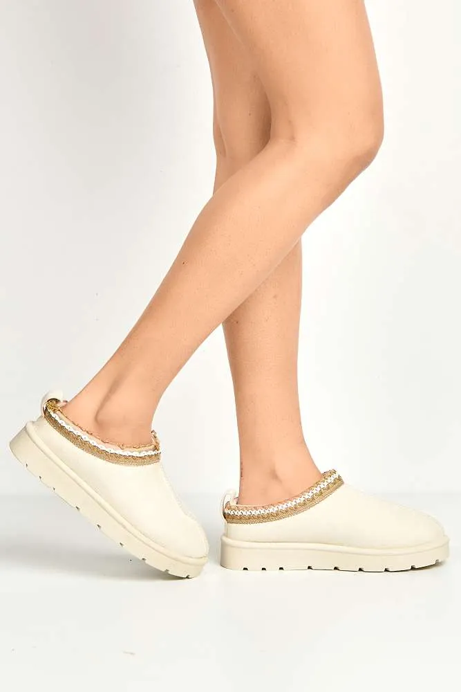 Sigrid Embroidered Faux Fur Lining Slippers in Cream