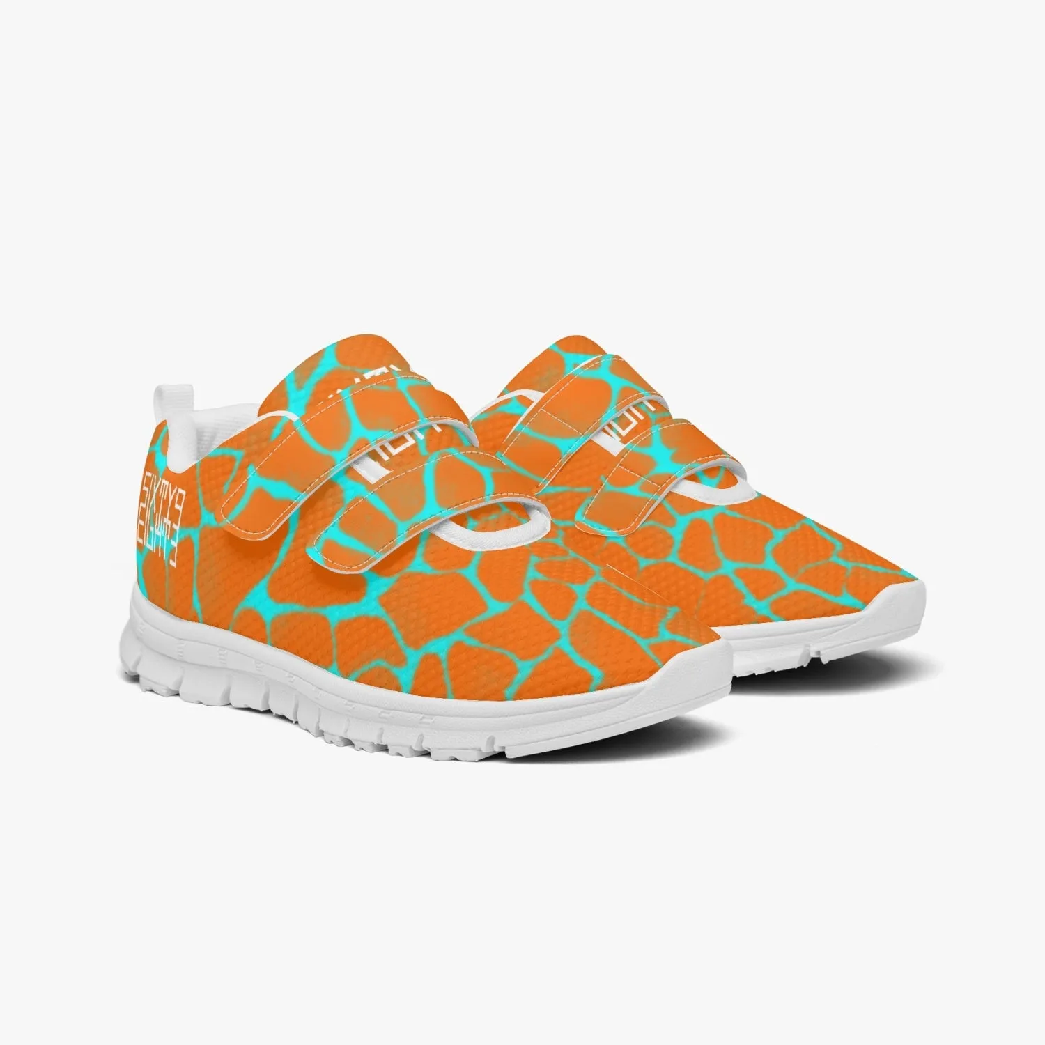 Sixty Eight 93 Logo White Boa Orange & Aqua Blue Kids Lightweight Velcro Shoe