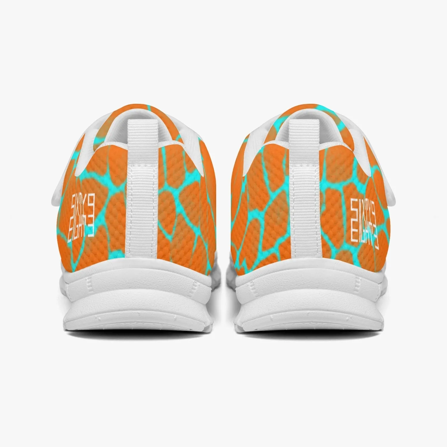 Sixty Eight 93 Logo White Boa Orange & Aqua Blue Kids Lightweight Velcro Shoe