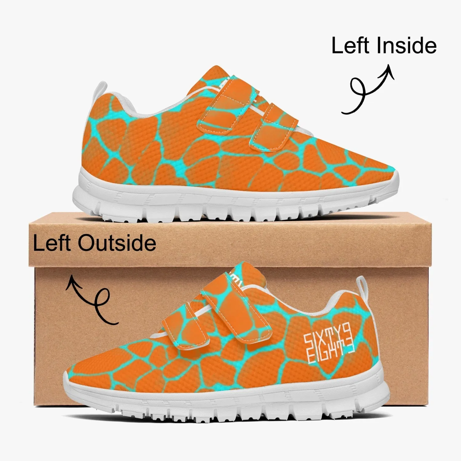 Sixty Eight 93 Logo White Boa Orange & Aqua Blue Kids Lightweight Velcro Shoe