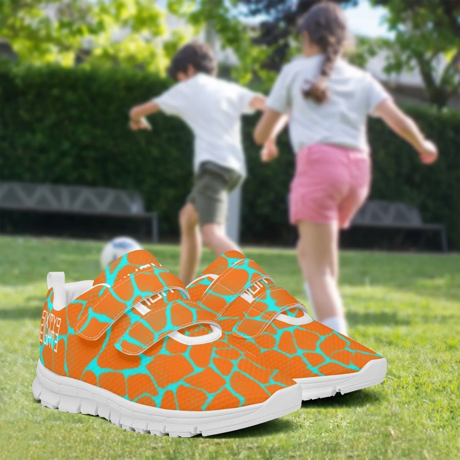 Sixty Eight 93 Logo White Boa Orange & Aqua Blue Kids Lightweight Velcro Shoe