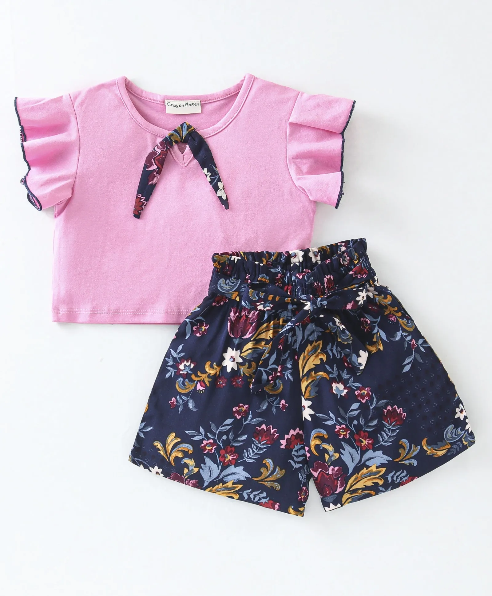 Solid Frilled Top Floral Belted Short Set