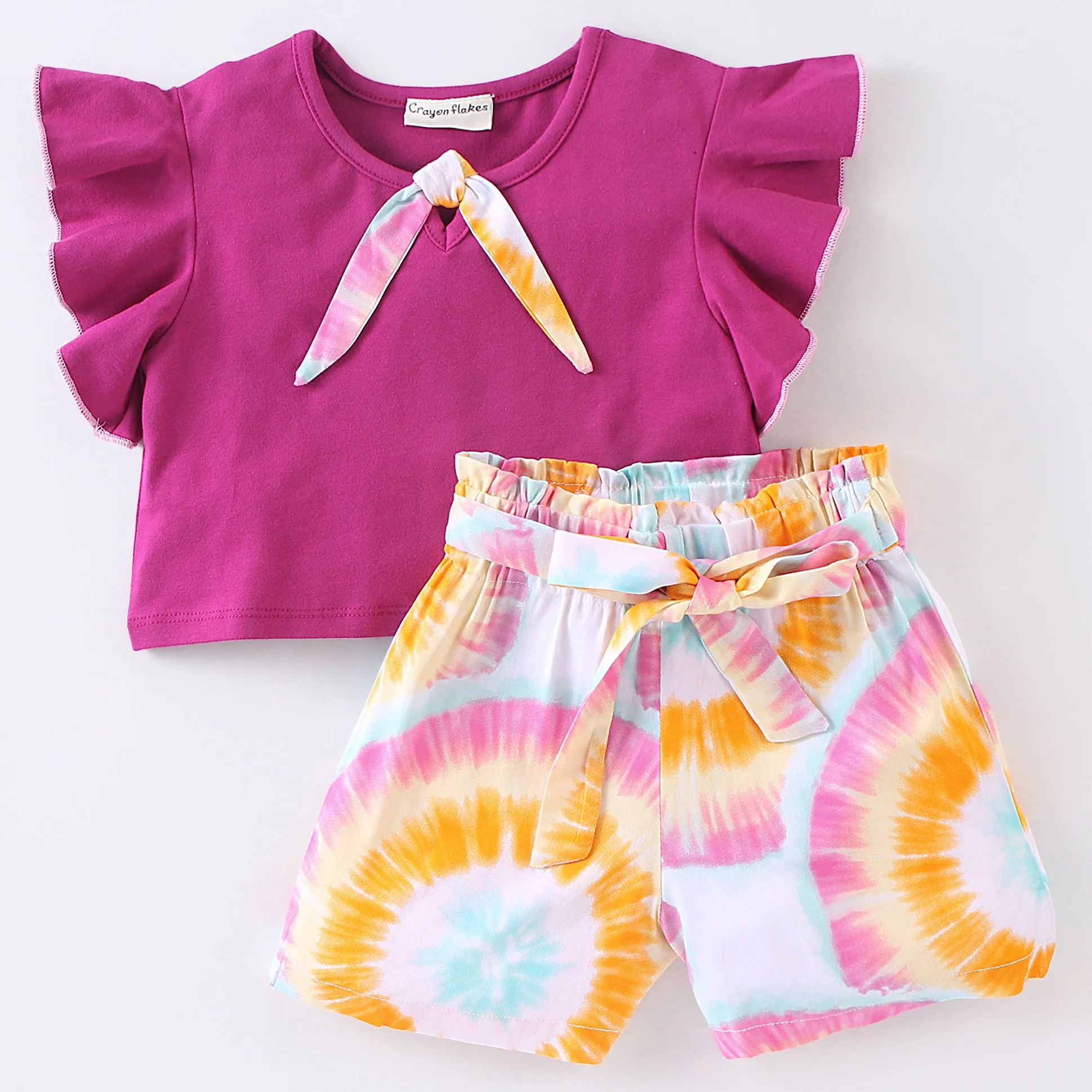 Solid Frilled Top with Tie Dye Wrap Short Set