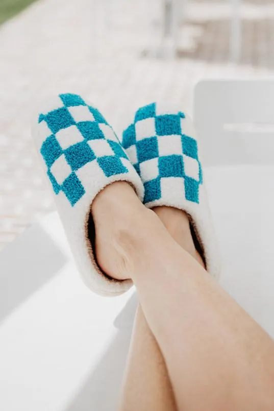 Teal Checkered Pattern Slippers