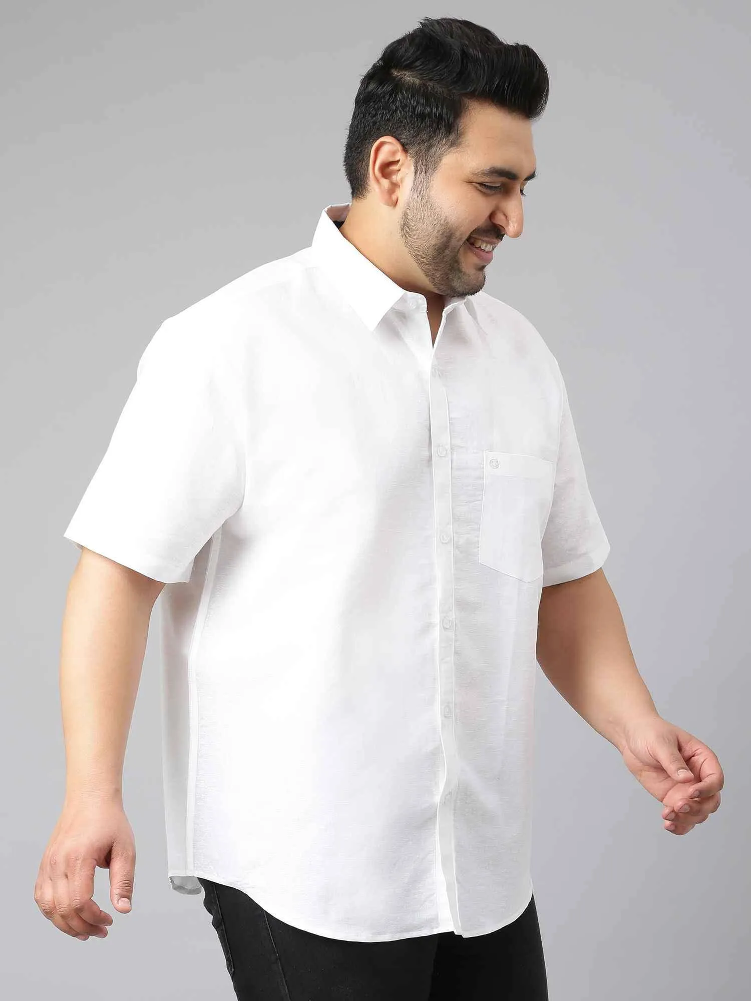 White Linen Half Shirt Men's Plus Size