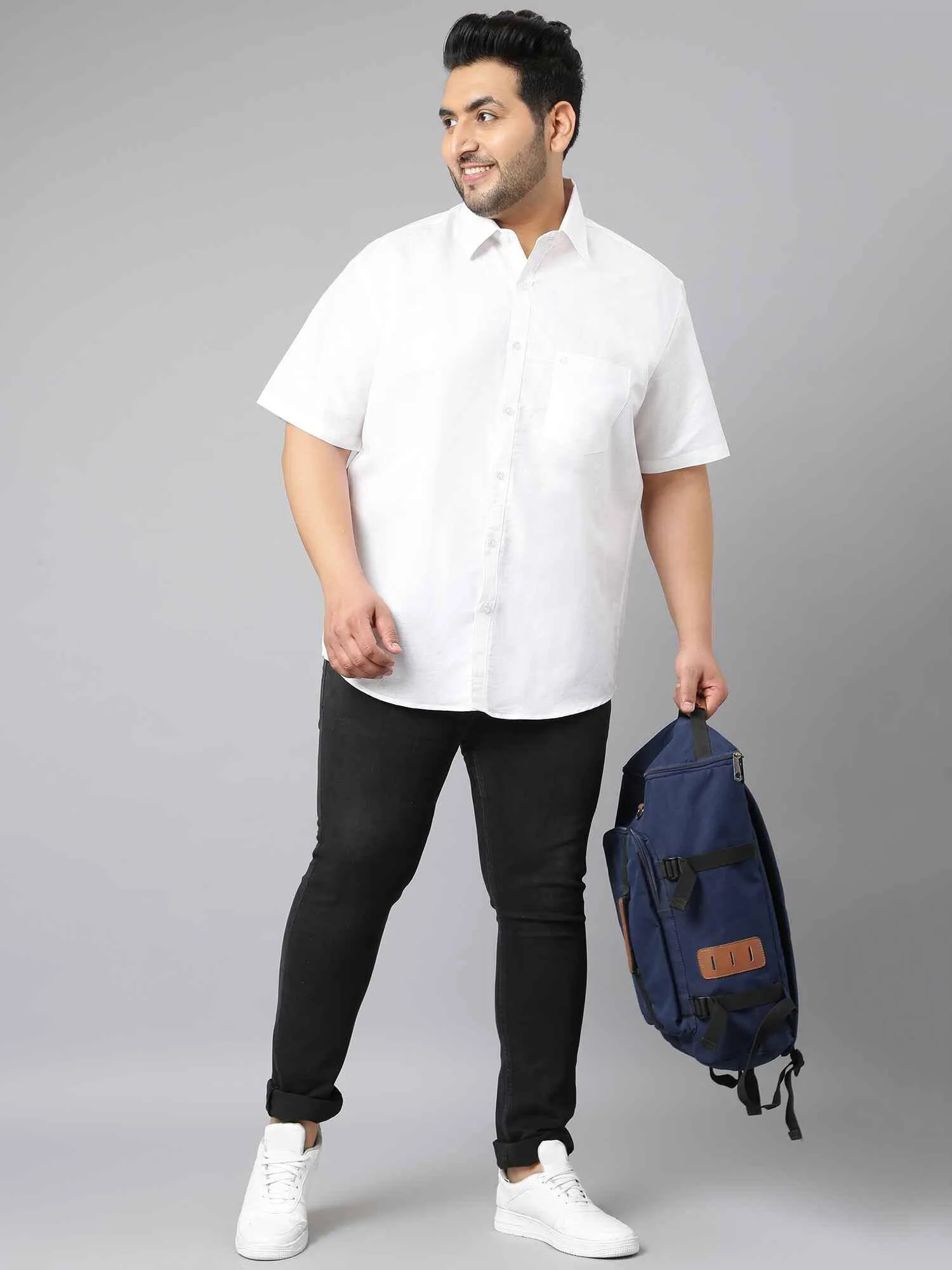 White Linen Half Shirt Men's Plus Size