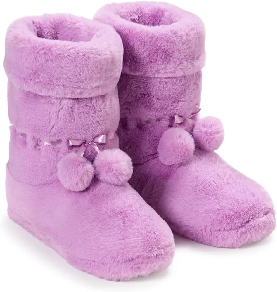 Winter Grey Fuzzy Pom Pom Bootie Slippers